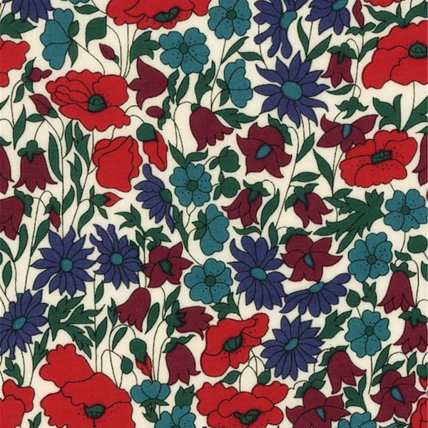 Tissu imprimé Liberty motif Liberty Poppy Daisy coquelicot couleur bleu blanc rouge