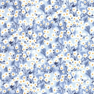 May include: A blue and white floral fabric with a repeating pattern of small white flowers with yellow centres. The flowers are arranged in a random pattern on a light blue background.