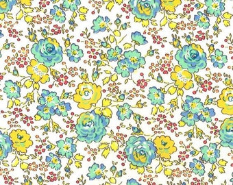 Tissu imprimé Liberty motif Felicite couleur bleu turquoise jaune