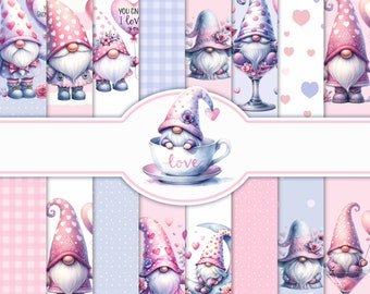 Valentine Kabouters Digitaal Papier, 16 Afdrukbare JPG's 12 x 12 inch, Naadloos, Scrapbooking, Uitnodigingen, Ambachten, Junk Journaling, Kaarten maken