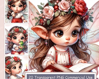 Fairy clipart-bundel: aquarel kabouters, valentijnskaarten (20 png) (digitale download)