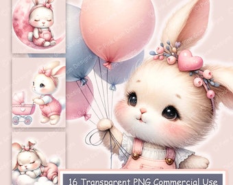 Roze babykonijn aquarel clipartbundel: kinderkamer, png (digitale download)