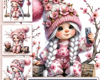 Aquarel bloesemmeisje kabouters, afdrukbare JPG-afbeeldingen (12 x 12 inch)