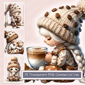 Pacchetto di clipart degli gnomi della ragazza del caffè dell'acquerello, Gnome, 15 PNG, primavera, stampabile, digitale, Scrapbooking, diario spazzatura di creazione di carte, artigianato