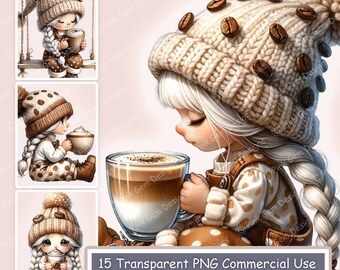 Clipartbundel Coffee Girl Gnomes: aquarel png-afbeeldingen (digitale download)