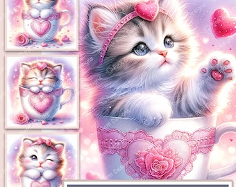 Aquarel Cute Valentine Kittens Digitaal Papier, 14 Afdrukbare JPG's 12 x 12 inch, Digitale Afbeeldingen, Scrapbooking, Junk Journal, Clipart