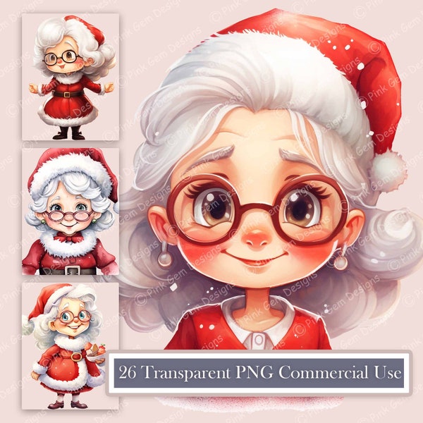 Watercolour Cute Mrs Claus Clipart Bundle, 26 Transparent PNG, Commercial Use, Printable, Digital Graphics, Scrapbooking, Invitations