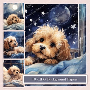 Papier numérique aquarelle mignon chiot cockapoo endormi, 10 fichiers JPG imprimables 12 x 12 pouces, graphiques numériques, scrapbooking, invitations, travaux manuels