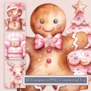 Watercolour Pink Gingerbread Cookies Clipart Bundle, 43 Transparent PNG, Commercial Use, Printable, Digital Graphics, Scrapbooking, Santa