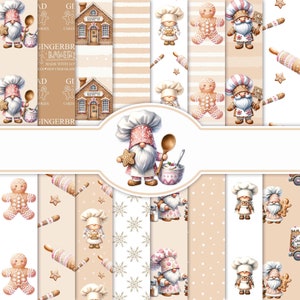Hornear papel digital de gnomos de pan de jengibre, 16 JPG imprimibles de 12 x 12 pulgadas, sin costuras, scrapbooking, invitaciones, manualidades, galletas de Navidad