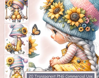 Zonnebloemmeisje kabouter clipartbundel, aquarel png-afbeeldingen (digitale download)