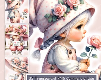 Aquarel Moederdag kabouter clipart: 32 png-afbeeldingen (digitale download)