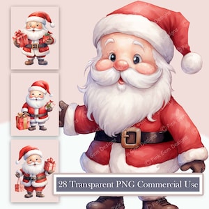 Pacote de clipart fofo de Papai Noel em aquarela, 28 PNG transparentes, uso comercial, para impressão, gráficos digitais, scrapbooking, convites, artesanato