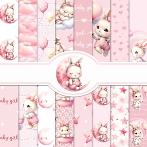 Carta digitale Pink Baby Bunny, 16 JPG stampabili 12 x 12 pollici, Senza soluzione di continuità, Scrapbooking, Nuovo bambino, Baby Shower, Diario spazzatura, Kit scrapbook