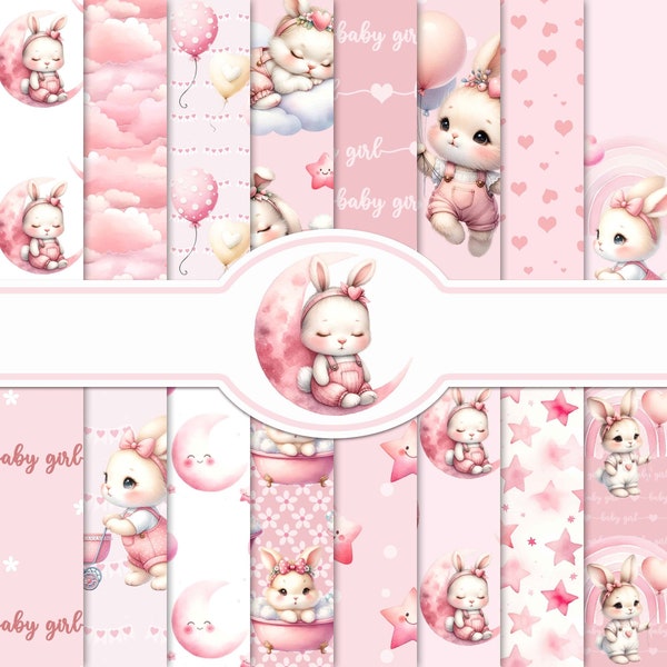 Papier numérique rose bébé lapin, 16 pages JPG imprimables 30 x 12 pouces, sans couture, scrapbooking, nouveau-né, baby shower, journal indésirable, kit de scrapbooking