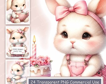 Roze baby konijntje aquarel clipartbundel: kinderkamerkunst (24 png digitale download)