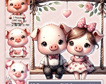 Clipartbundel aquarel varken, romantische biggen, transparante png (digitale download)