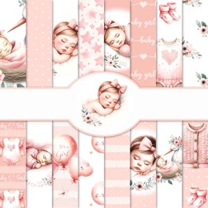 Papel digital Pink Baby Days, 16 JPG imprimibles de 12 x 12 pulgadas, sin costuras, Scrapbooking, nuevo bebé, baby shower, diario basura, kit de álbum de recortes