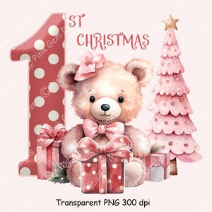 Erste Weihnachten Teddybär Clipart PNG, Baby Mädchen, Pink, Babys 1. Weihnachten, Sublimationsdesign, Strampelanzug, T-Shirt, Becher, Weihnachtssack, Kartenherstellung