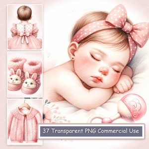 Pacote de clipart de dias de bebê rosa aquarela, menina, 37 PNG, berçário, chá de bebê, para impressão, álbum de recortes, artesanato, diário indesejado, bebê novo