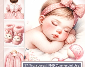 Clipartbundel aquarel babymeisje: roze kinderkamer, png (digitale download)