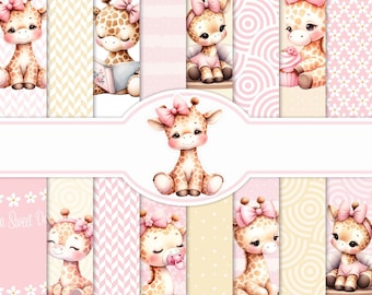 Roze babygiraf digitaal papier: naadloze plakboekkit (12 x 12 inch jpg's) (digitale download)