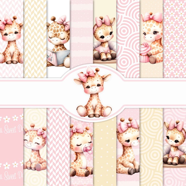 Pink Baby Giraffe Digitales Papier, 16 druckbare JPG's 12 x 12 Zoll, nahtlos, Scrapbooking, neues Baby, Babyparty, Junk Journal, Scrapbook Kit
