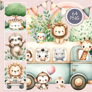 Paquete de imágenes prediseñadas de animales de safari para bebés de color agua, bebé, 64 PNG, zoológico, guardería, baby shower, imprimible, scrapbooking, manualidades, diario basura