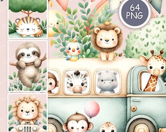 Aquarel babysafari dieren clipartbundel (64 png) (digitale download)