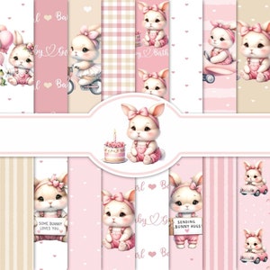 Pink Baby Bunny 2 Digitales Papier, 16 druckbare JPG's 12 x 12 Zoll, nahtlos, Scrapbooking, neues Baby, Babyparty, Junk Journal, Scrapbook Kit