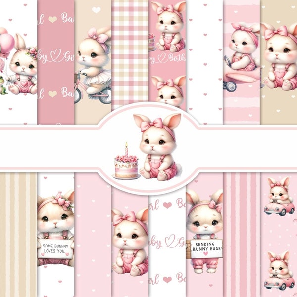 Pink Baby Bunny 2 Digital Paper, 16 Printable JPG's 12 x 12 inch, Seamless, Scrapbooking, New Baby, Baby Shower, Junk Journal, Scrapbook Kit