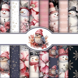 Aquarel Sneeuwman & Robin Floral Digitaal Papier, 16 Afdrukbare JPG's 12 x 12 inch, Naadloos, Scrapbooking, Uitnodigingen, Ambachten, Kerstmis