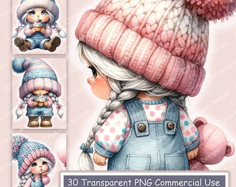 Clipartbundel verjaardag meisje kabouters: aquarel png-afbeeldingen (digitale download)