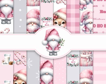Digitaal papier Pink Santa Gnomes: kerstscrapbooking (digitale download)