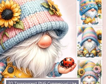 Aquarel zonnebloem kabouters clipartbundel, lente png (digitale download)