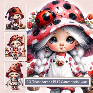 Pacchetto di clipart di gnomi ragazza coccinella colore dell'acqua, Gnome, 20 PNG, coccinella, stampabile, digitale, Scrapbooking, diario spazzatura di creazione di carte, artigianato