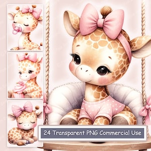 Pacchetto clipart acquarello baby giraffe, bambina, 24 PNG, giraffa, scuola materna, baby shower, stampabile, scrapbooking, artigianato, diario spazzatura