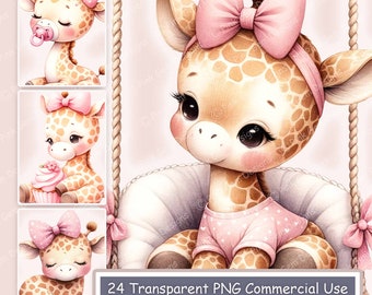 Aquarel babygiraf clipartbundel: 24 png-afbeeldingen voor kinderdagverblijven (digitale download)