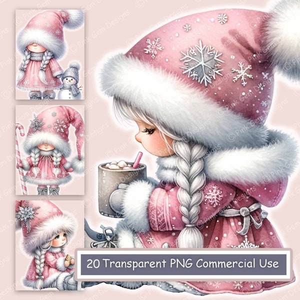 Paquete de imágenes prediseñadas de gnomos de niña de Navidad rosa de color agua, gnomo, 20 PNG transparente, gnomo de Navidad rosa, imprimible, Scrapbooking, gnomos