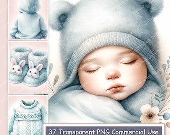 Clipartbundel aquarel babyjongen: blauwe kinderkamer, png (digitale download)