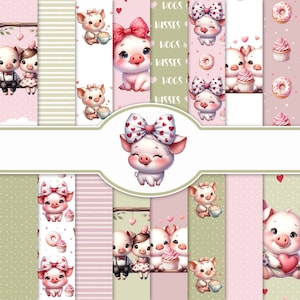 Papel digital de cerdos románticos, 16 JPG imprimibles de 12 x 12 pulgadas, sin costuras, scrapbooking, invitaciones, manualidades, diario basura, fabricación de tarjetas, cerdo