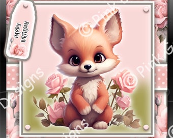 Fox Cub Downloadable Card Kit, Printable, Cardmaking Download, Scrapbooking, Invitations, Crafts, Greetings Card, Girl's Birthday Card