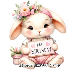 Erster Geburtstag rosa Häschen Clipart PNG, Baby, rosa, 1