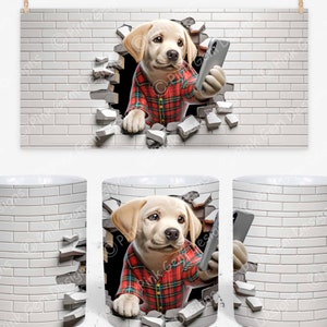 Taza con diseño de Labrador Retriever en 3D que se abre paso por el agujero de la pared, 11 oz y 15 oz, archivo JPG y PNG, archivo de taza de café de sublimación, descarga digital