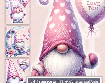 Waterkleur Pastel Valentine Kabouters Clipart Bundel, Gnome, 24 Transparante PNG, Love Clipart, Afdrukbaar, Digitale Afbeeldingen, Scrapbooking