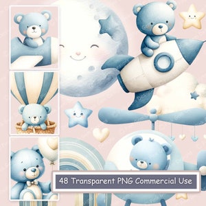 Water Colour Blue Teddy Skies Clipart Bundle, Baby, 48 PNG, Bear, Nursery, Baby Shower, Printable, Scrapbooking, Crafts, Junk journal