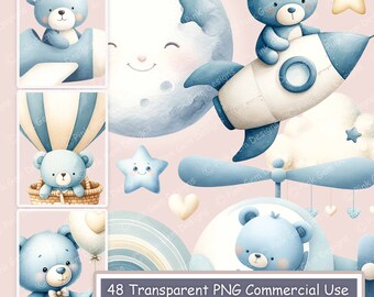 Blauwe teddybeer clipartbundel: aquarel kinderkamer, png (digitale download)