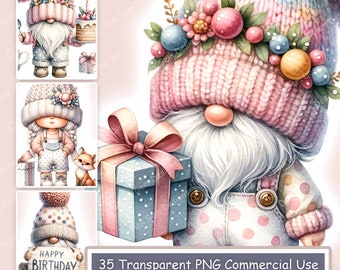 Clipartbundel aquarel verjaardag kabouters: 35 png-afbeeldingen (digitale download)