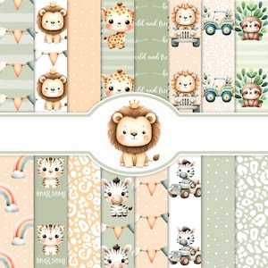 Carta digitale Baby Safari Animals, 16 JPG stampabili 12 x 12 pollici, Senza soluzione di continuità, Scrapbooking, Nuovo bambino, Baby Shower, Diario spazzatura, Zoo