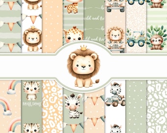 Digitaal papier babysafaridieren: naadloze dierentuinpatronen (digitale download)